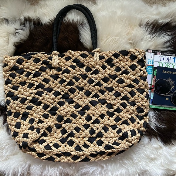 Handbags - Cayman Tan Raffia and Black Ribbon Boho Woven Tote